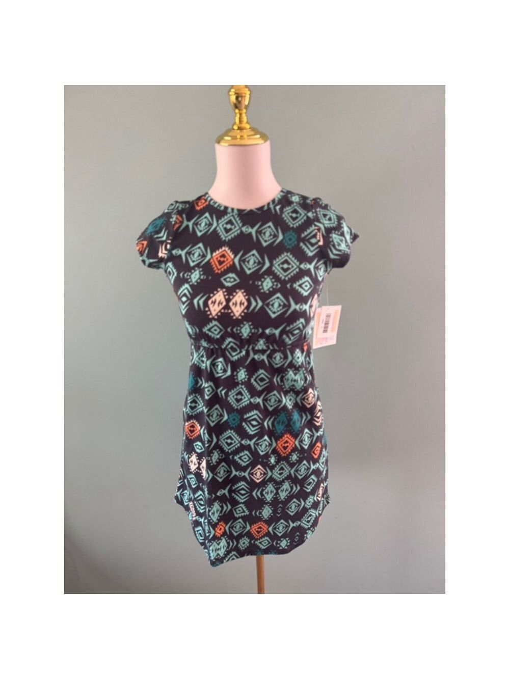 Girls LuLaRoe Mae Dress Size 12 Black Turquoise Geometric Print